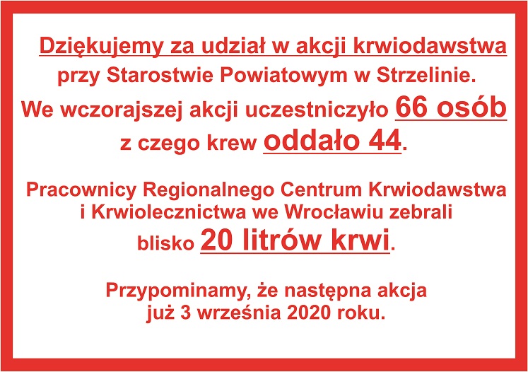 Dziękujemy za udział w akcji krwiodawstwa przy Starostwie Powiatowym w Strzelinie.