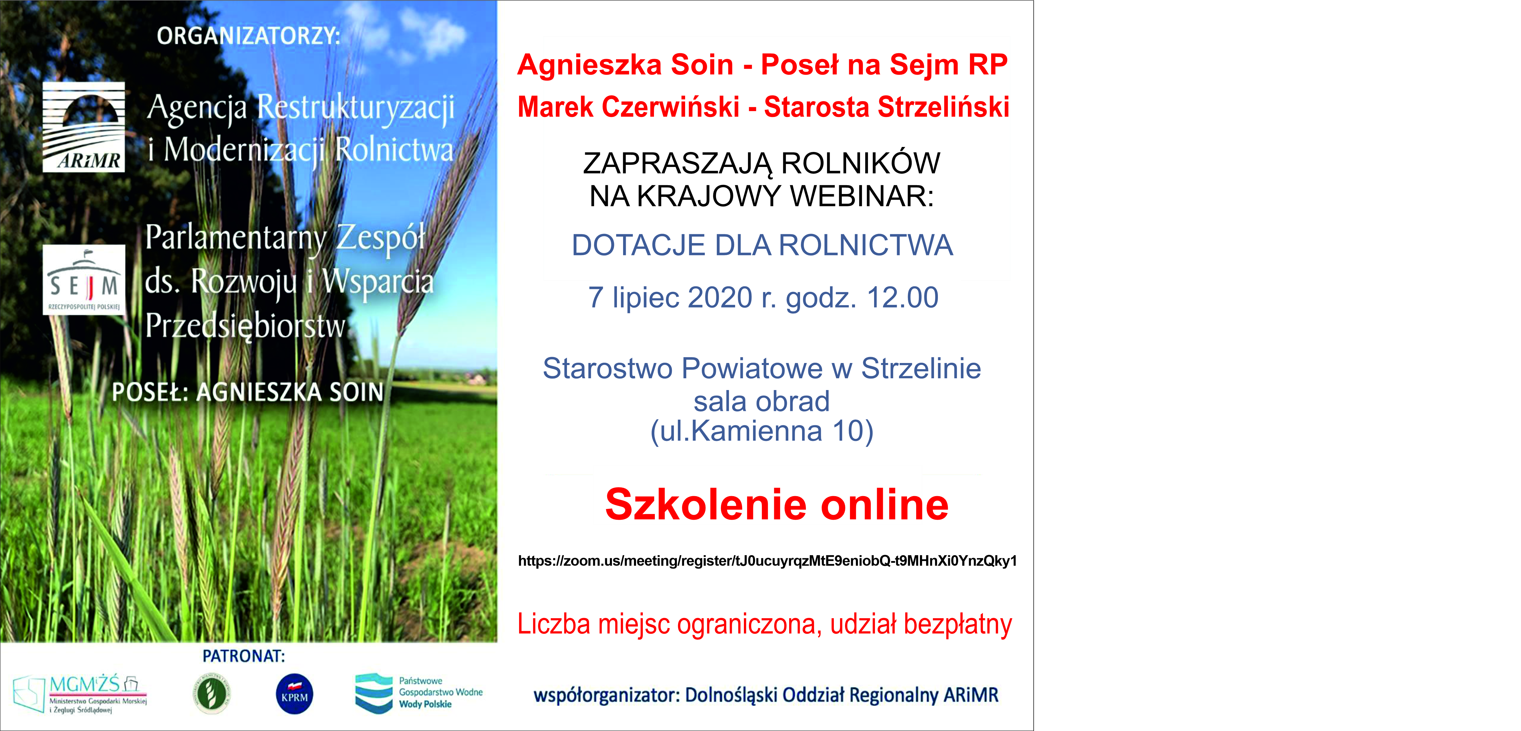 ZAPROSZENIE NA WEBINAR: DOTACJE DLA ROLNICTWA 7 LIPIEC 2020 R. GODZ. 12.00 STAROSTWO POWIATOWE W STRZELINIE